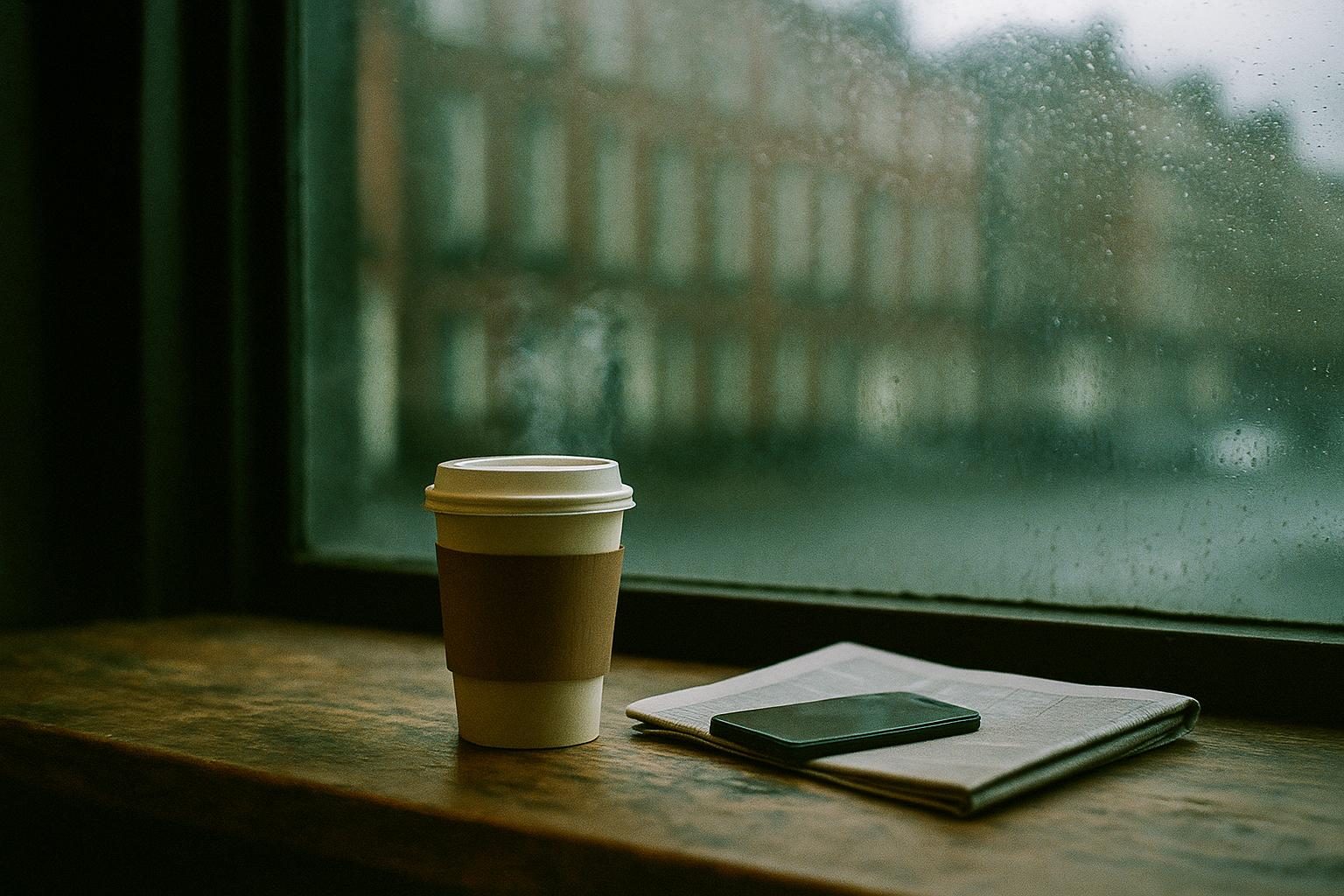 A takeaway coffee, a folded newspaper and a phone on a café window ledge, rain on the glass