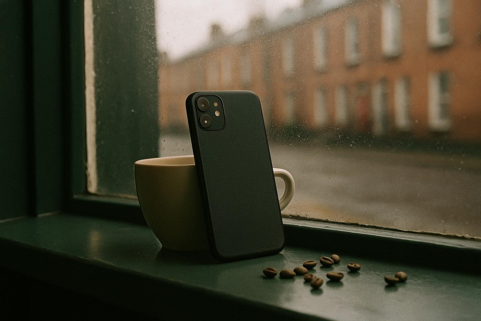 A phone propped against a cup on a green café window ledge, a red-brick Dublin street outside