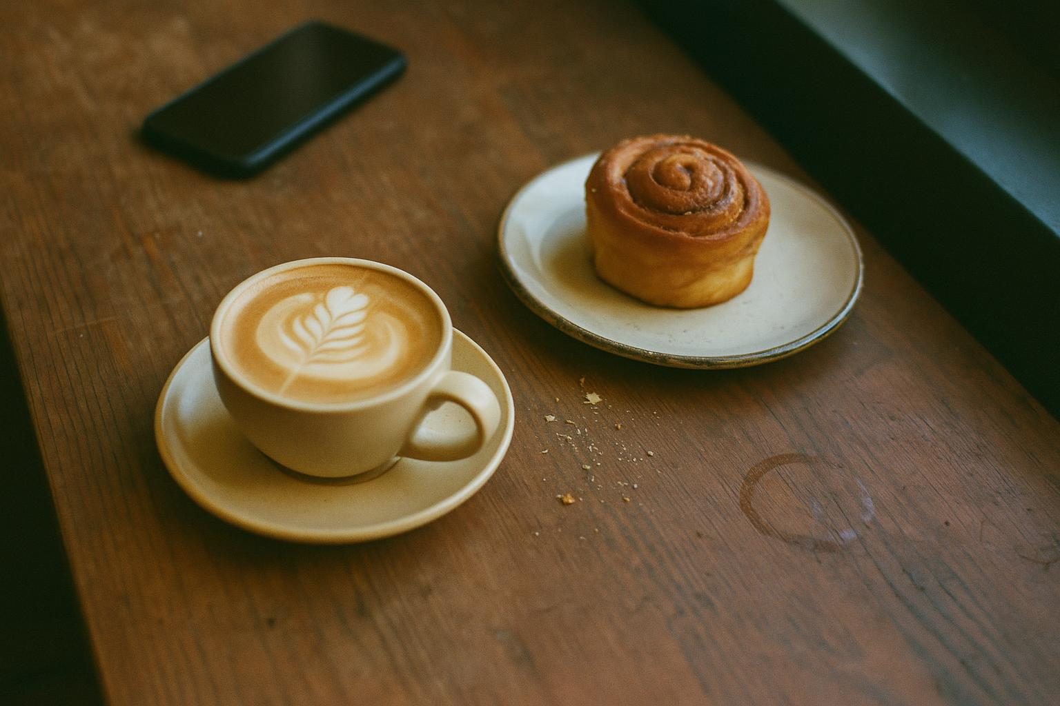 A flat white and a cinnamon bun on a café table, a phone face down beside them